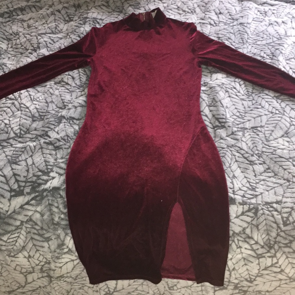 Akira red wine velvet slit dress